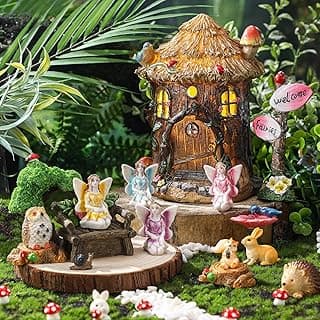 Leyndo 28 Pcs Solar Fairy House Garden Accessories Light up Fairy Figures Garden Kit Resin Miniature Mushroom House Figures Micro Landscape Ornaments