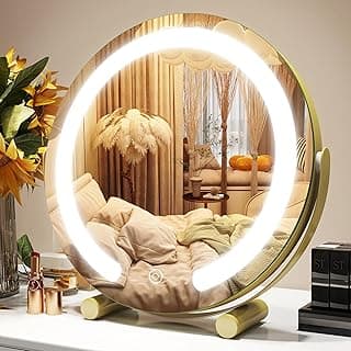Gold Vanity Mirror, 12 Inch Makeup Mirror with Lights, Large Lighted Vanity Mirror, Light Up Mirror with Smart Touch 3 Colors Dimmable, Tabletop Mirror, 360° Rotation image