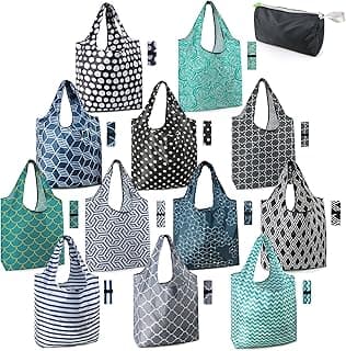 BeeGreen Reusable Grocery Bags Lightweight Durable Shopping Bags Washable Foldable 12 Pack Xlarge Classic Geometric Design Gift Tote Grocery Bags with Elastic Band and Separated Zipper Storage Pouch image