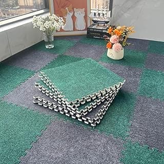 10 Pieces/10sq.ft 30x30cm Square Interlocking Carpet Tiles Short Pile Foam Puzzle Floor Mat(Dark Gray+Dark Green)