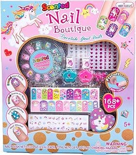 Hot Focus Scented Nail Boutique – 168 Piece Unicorn Nail Art Kit Includes Press on Nails, Nail Patches, Nail Stickers, Nail Polishes, Nail File and Ring – Non-Toxic Water Based Peel Off Nail Polish image