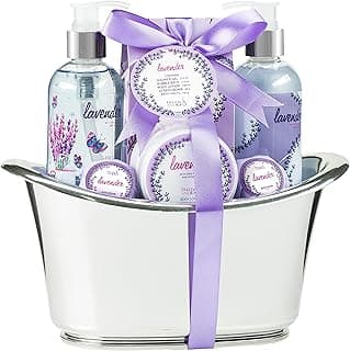 Aromatherapy Essentials Spa Set for Women in Large Silver Tub Bath Set Includes 2 Bath Bombs, Body Lotion, Bath Salts, Shower Gel, and Bubble Bath (Lavender) image