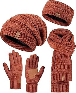 Womens Winter Beanie Hat Scarf Gloves Headband Set, Slouchy Beanie Ear Warmer Knit Scarf Touchscreen Gloves Warm 4 Gift Set