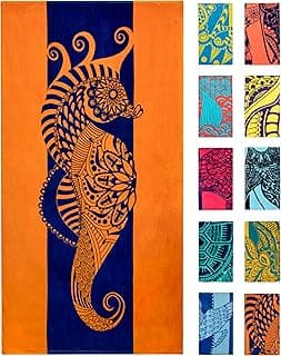Nova Blue Seahorse Beach Towel – Blue and Orange with A Tropical Design, Extra Large, XL (34”x 63”) Vibrant, Bright, Colorful Pool Towel Made from 100% Cotton image