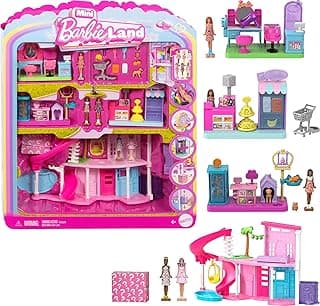 Barbie Mini Land DreamHouse & 3 Playsets with 4 1.5-Inch Dolls, Doll House Furniture & Accessories, Includes Pet Boutique, Hair Salon, & Supermarket