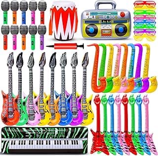 Max Fun Inflatable Rock Star Toy Set, 48pcs Inflatable Party Props for Kids 80s 90s Party Decorations Inflatable Guitars Inflate Rock Band Assortment Party Favors (Random Color) image