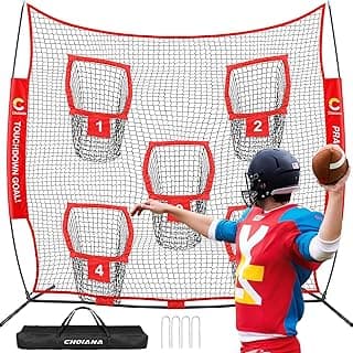 8x8ft Football Throwing Net, Practice Target Net Quarterback Training Equipment for Throw Accuracy Improving, Football Trainer for Kids w/ 5 Target Pockets, Carry Bag, 4 Stakes image