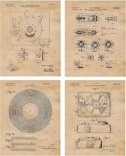 Vintage Vinyl Record Player Patent Prints, 4 (8x10) Unframed Photos, Wall Art Decor Gift for Home Office Studio Gear Work Garage Shop Man Cave College School Student Teacher Coach DJ Rock Roll Music image
