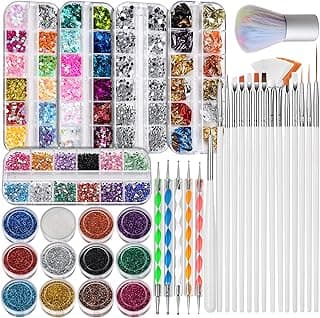 FANDAMEI Nail Art Brush Kit, Nail Design Tools Kit with Nail Art Brushes, Nail Dotting Tools,Fine Glitter,Nail Butterfly, Nail Glitter Sequins, Nail Foil Flakes, Nail Art Rhinestones, Nail Dust Brush image