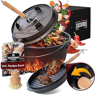 Pre-Seasoned Dutch Oven Set - 9 Quart Cast Iron Dutch Oven Pot with Lid, Fire Pot with Feet for Bread Baking & Cooking - Includes 2-in-1 Lid Lifter, Brush & Recipe Book [for 4-7 People]