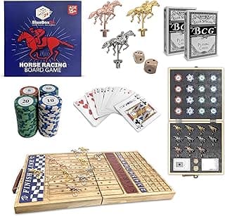 23-Inch Premium Horse Racing Board Game – Foldable Wooden Horse Race Board Game with 11 Numbered Metal Horses, Dice, Cards, and 80 Poker Chips for Parties & Friendly Betting