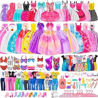 110 Pcs Doll Clothes and Accessories - Doll Dress up Toys for Girls with Wedding Dresses, Casual Dresses, Casual Jumpsuit, Swimsuits Bikini, Glasses, Shoes, Hangers, Doll Clothes Toys for Girl Gift image