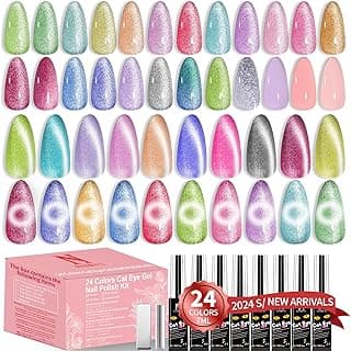 Cat Eye Gel Nail Polish, 28Pcs Glitter Pink Red Purple Green Blue Silver Sparkle Colors Gel Nail polish Set with Magnet Base Top Coat Soak Off UV LED Light Nail Art Salon Manicure DIY Home image