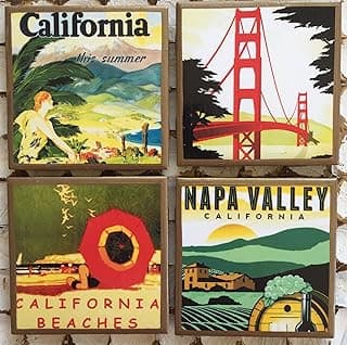 Retro California Travel Poster coasters with gold trim image