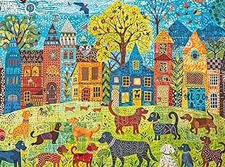 Colorful Canines: A Dog Park Day - 1000 Piece Folk Art Style Jigsaw Puzzle for Adults | Vibrant City Scene with Playful Pups | Perfect for Dog Lovers image