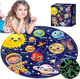 ZIZZ Puzzle for Kids Ages 4-6: Glow in The Dark Solar System Jigsaw Puzzles 70 Piece Space Planets Large Floor Puzzle for Kids 3-10 Years Old Educational Toy Gift for Boys Girls Birthday Christmas image