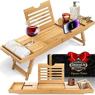 SereneLife Bath Caddy Breakfast Tray Combo with Gift Box-Natural Bamboo Wood Waterproof Bath Tub Caddy and Bed Tray with Folding Slide-Out Arms,Device Grooves,Wine Glass and Soap Holder image