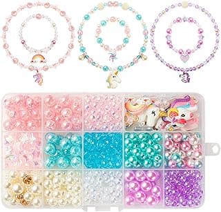 OSNIE Unicorn DIY Bead Jewelry Making Kit for Kids Girls with Unicorn Rainbow Heart Bow-Knot Lollipop Crown Key Charms Beads for Bracelets Rings Necklaces Creativity Beading Kits Art Craft, 400Pcs+ image