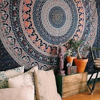 Popular Handicrafts Tapestry Wall Hanging Hippie Mandala Bohemian Hippy Psychedelic Design Indian Indian Magical Tapestries Bedspread 90 x 108 Inches (230cm x 270cm) Navy Blue image