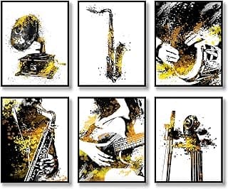 Music Wall Art Prints Set of 6 Musical Instrument Posters Fashion Wall Decor Modern Black and Yellow Watercolor Style Paintings Aesthetic Abstract Saxophone,Cello,Phonograph Photo Picture Canvas Art image