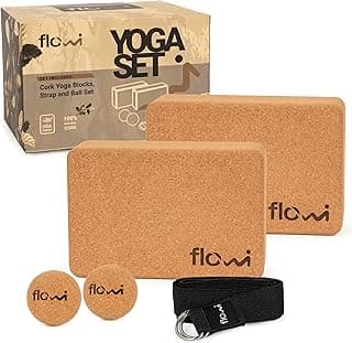 Natural Cork Yoga Blocks 2 Pack with Strap & Massage Balls - Yoga Props with Cork Yoga Block Brick Set, Myofascial Cork Ball & Yoga Strap for Stretching - Premium Yoga Accessories for Women & Men image