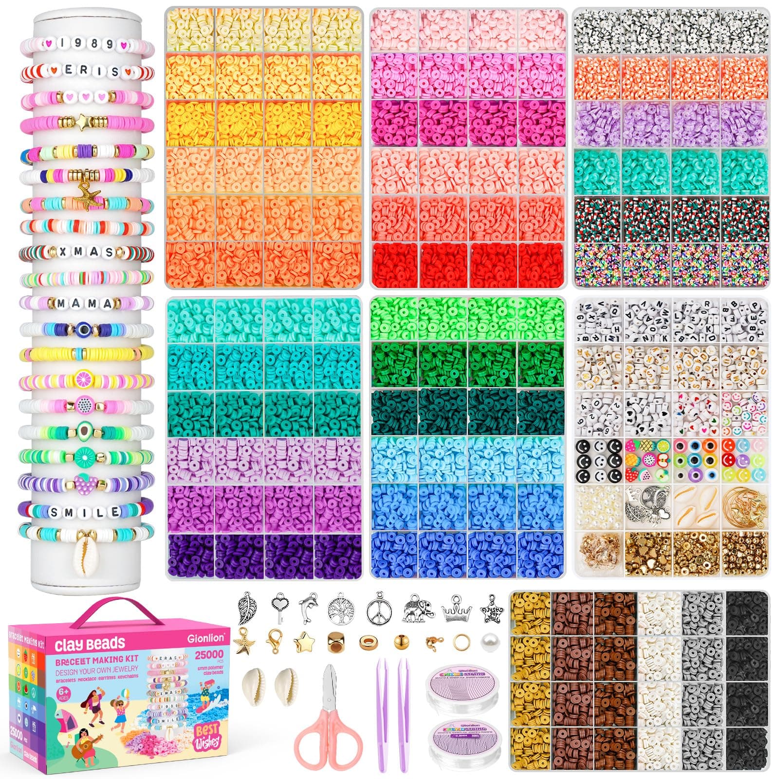 Gionlion 25000 Pcs Clay Beads Bracelet Making Kit for Gatherings, 7 Boxes Friendship Preppy Polymer Beads for Bracelets Jewelry Making kit with Charms, DIY Arts and Crafts Gifts for Ages 6-13 image