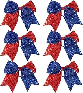 8 Inch 2 Color Cheer Bows Cheerleader Ponytail Holder with Bling Fling Sequin Hair Tie Cheerleading Bows 6 Pcs (Red/Royal Blue) image