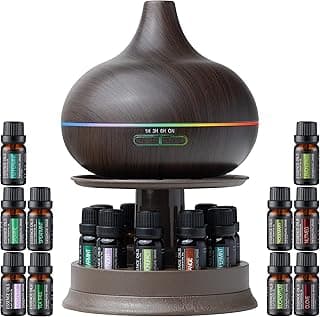 Ultimate Aromatherapy Diffuser & Essential Oil Set - Ultrasonic Diffuser & Top 10 Essential Oils - 300ml Diffuser w/ 4 Timer & 7 Ambient Light Settings - Therapeutic Essential Oils - Dark Oak w/Stand image