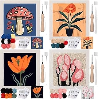 Daifunli 4 Sets Punch Needle Kit with Frame for Beginners 10 x 10 Inch Embroidery Starter Kits Punch Needle Kit with Pattern, Threader, Yarns, Needle for Adults Craft DIY Christmas Birthday (Cute) image