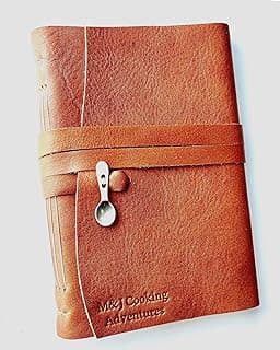 Personalized Leather Recipe Book with Spoon (6x9 inch Hand Sewn, Lined Pages, Rust Leather Cover) image